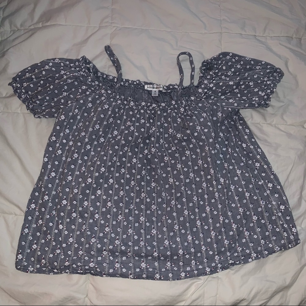 Blue and white floral off the shoulder crop top